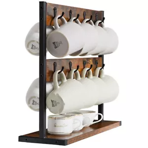 2-Tier Coffee Mug Holder Stand Wood &Metal Tabletop Coffee Cup Storage Tree Base - Picture 1 of 12