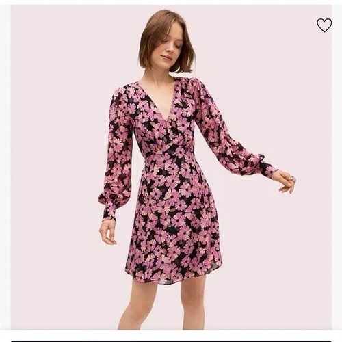 Mini abito Kate Spade taglia 0 Wallflower seta metallizzata rosa nero manica lunga nuovo senza etichette