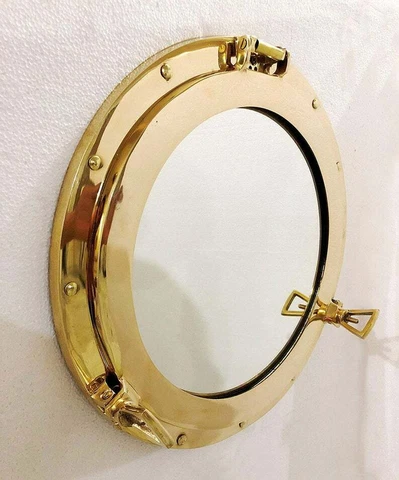 Antique 15" Brass Porthole Gold Finish Port Mirror Wall Hanging Ship Porthole Cover