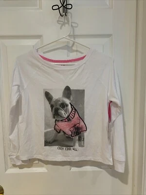 Justice девочек пушистый французский бульдог собаки щенок длинным рукавом рубашка M (10) новый с ярлыками - Изображение 1 из 4