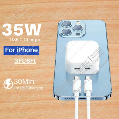 Fast Charger 35W Dual USB-C Port Compact Power Adapter PD Cable For Apple iPhone - Image 1 of 4