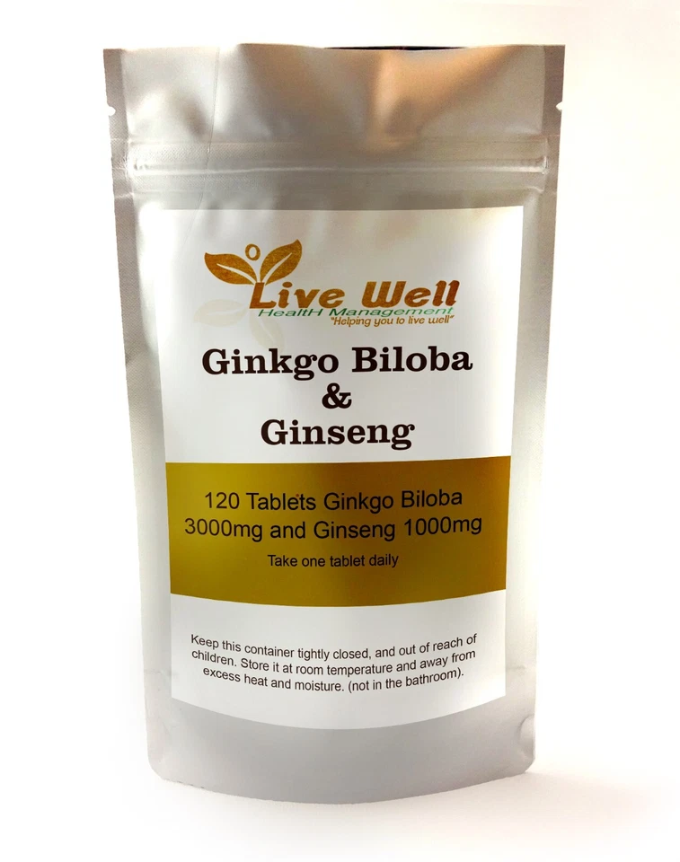 LIVE WELL HEALTH MANAGEMENT Ginkgo Biloba 3000mg & Korean Ginseng 1000mg 120Tablets -Cognitive Help UK-Made