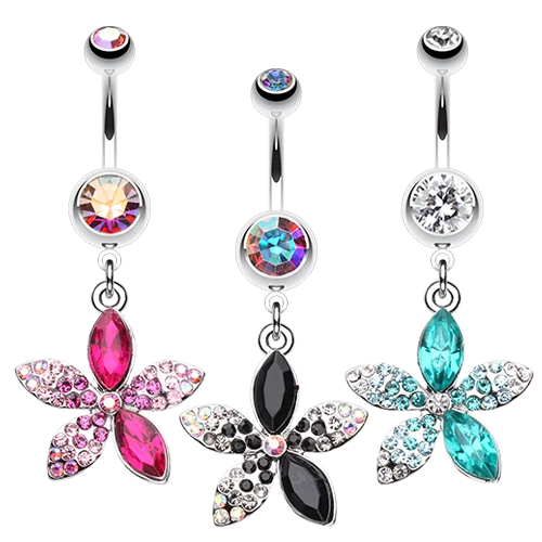 Radiant Spring Beauty Flower Belly Ring Aurora Borealis Pink Teal Clear Black - Image 1 of 1
