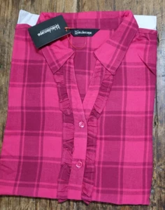 Damen Oberteil Langarmshirt rosa kariert Rüschen Knopfleiste Damenbluse 14 Freizeit - Bild 1 von 7