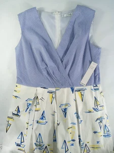 Chetta B Blue and White Sailboat Flare Dress Size 12 Nautical Summer Breeze - Picture 1 of 12