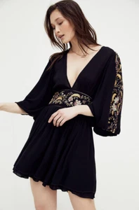 Free People Dress 4 Moroccan Gemstone Mini Black Embroidered - Picture 1 of 5