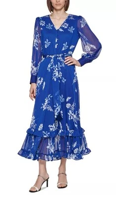 NWOT Calvin Klein 2P Floral Print V-Neck Chiffon Blue Maxi Dress Beach Vacation - Image 1 of 4
