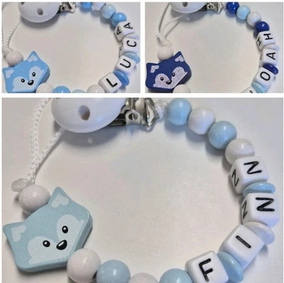 BABYLOVE16_750 Schnullerkette mit Wunschnamen🍼Holz🍼Junge🍼Mädchen🍼Fuchs