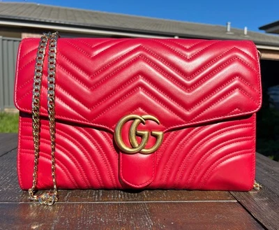 Authentic Gucci GG Marmont Red Matelasse Leather Shoulder HandBag - Image 1 of 4
