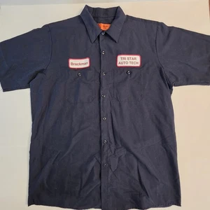 Camisa de trabajo vintage roja con capucha para hombre grande azul marino con botones manga corta parches - Imagen 1 de 9