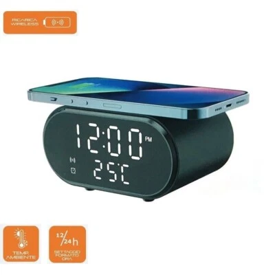 RADIO SVEGLIA RICARICA RAPIDA WIRELESS USB DIGITAL LED SVEGLIA SCRIVANIA 15W - Immagine 1 di 3