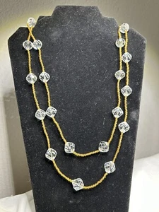 Vintage Faceted Clear Crystal Bead 48" Necklace ~ Yellow Gold Seed Beads - Picture 1 of 9