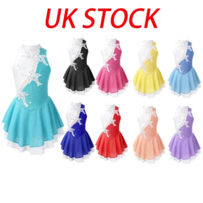 UK Girls Sequins Dance Dress Roller Ice Skating Dress Ballet Lyrical Dancewears - Image 1 of 3