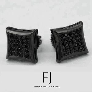 Men's Sterling-Silver 925 CZ Square 9mm Black Earring.Studs Unisex**Box - Picture 1 of 3