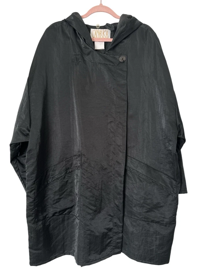 Vintage LINDA LUNDSTROM Women Hooded Long LAPARKA Metallic Black Size Large - Image 1 of 4