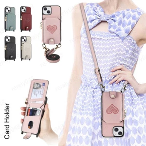 Case With Card Holder For iPhone 16 15 14 Pro Max 13 Heart Leather Lanyard Cover - Picture 1 of 21