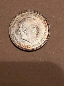 1957 Spain 5 Pesetas Francisco Franco Eagle of St. John Spanish World Coin - Picture 1 of 2