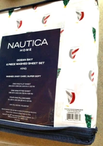 Nautica 6 Pc Christmas King Sheet Set Holiday Sails Ocean Bay FOUR PILLOWCASES! - Picture 1 of 6
