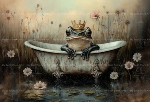 FROG PRINCE BATHTUB ART PRINT, Cottagecore Decor, Fairytale Poster Bathroom E630 - Picture 1 of 2