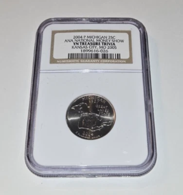 2004 P Michigan 25 Cent Quarter NGC ANA National Money Show YN Treasure Trivia - Image 1 of 4