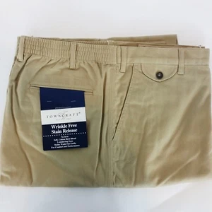 Towncraft Mens Pants 52W Khaki Unfinished Hem Back Elastic Waist Wrinkle Free   - Picture 1 of 4
