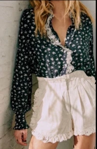 Sezane Chlo Shirt geblümt blau Spitze Knopfleiste französische Bluse Top Gr. 32 - Bild 1 von 8