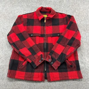 VINTAGE Woolrich Jacket Mens XL Red Black Wool Zip Plaid Cruiser Mackinaw 90s - Picture 1 of 11