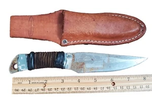 VTG Gil Hibben Throwing Hunting Knife w/Leather Sheath Wrapped Handle 8" FLAWS - Picture 1 of 11