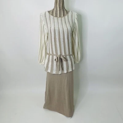 Maxi Vestido Vintage Años 70 Tejido Habilidad Brenda Lewis Manga Larga Blanco Tostado Cintura Baja Foto 1 de 4