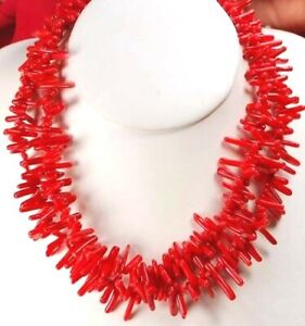 Double strands Long/Small Red Coral Necklace 19" W/Silver Clasp FREE SHIPPING 