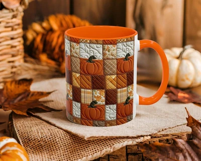 Autumn Pumpkin Mug, Rustic Patchwork Thanksgiving Coffee Cup, Fall Gift - Image 1 of 3