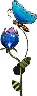 Flower Yard Decorations Outdoor, 42'' Blue Glass Butterfly Solar Outdoor Lights - Image 1 of 4