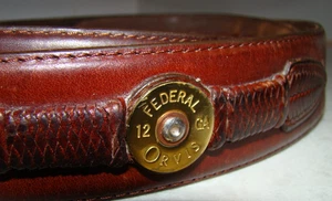 Orvis 12 Gauge Brass Shotgun Shell Brown Leather Belt Men's Sz 44 Made in USA - Picture 1 of 12