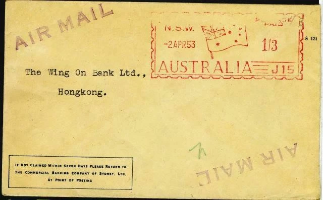 澳大利亚到香港悉尼 1/3 旗帜计量器 1953 — 第 1/1 张图片