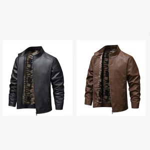 Mens Casual Warm Motorcycle Leather Jacket Thin Velvet Windproof Zipper Coat - Picture 1 of 30