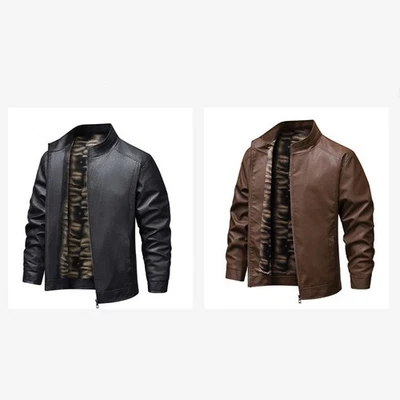 Mens Casual Warm Motorcycle Leather Jacket Thin Velvet Windproof Zipper Coat - Image 1 of 4