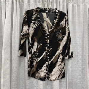Ethyl Women’s Top Brown Animal Print Knit Stretch 3/4 Sleeve Pullover Size L - Picture 1 of 9