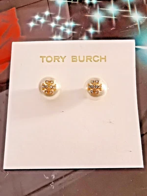 Authentic Tory Burch white pearl stud Zircon inlay earrings - Image 1 of 2