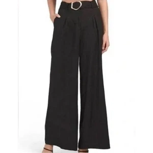 House of Harlow 1960 Pants 6 Black Linen Blend Wide Leg Belt With Gold Bucle - Picture 1 of 14