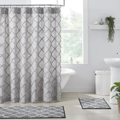 Shower Curtain Frayed Lattice Creme & Black Farmhouse 72x72 Tuft Bath VHC Brands - Image 1 of 4