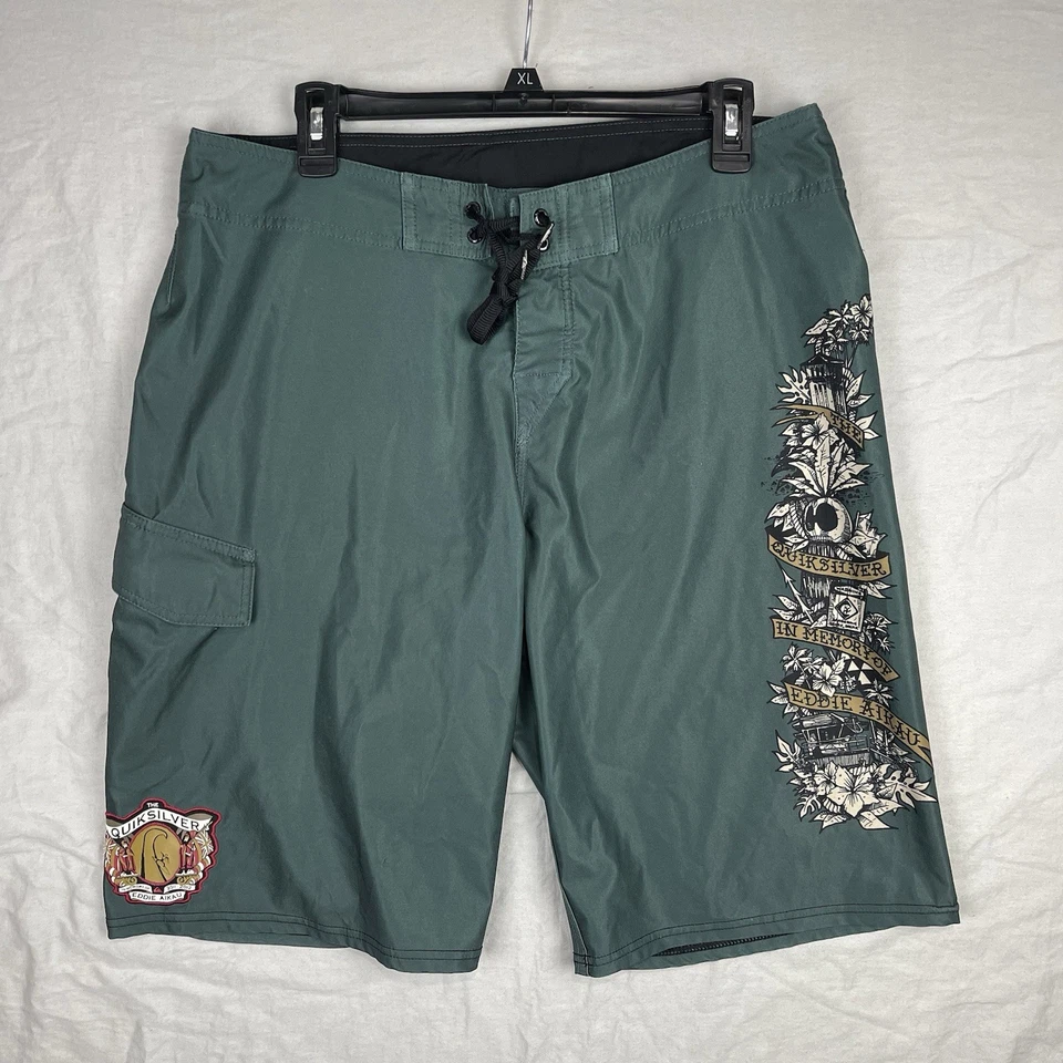 Pantalones Cortos de Tabla Eddie Aikau Para Hombres 34 Verde Quiksilver Surf Playa Memorial Foto 1 de 4