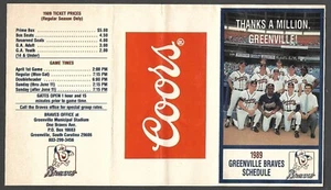 1989 GREENVILLE BRAVES (Minors) Coors Regular Season POCKET SCHEDULE VG-EX - Picture 1 of 1