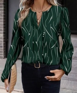 Womens 8/10 Green White V Neck Print Bold Blouse Soft Lightweight Top Party Work - Picture 1 of 4