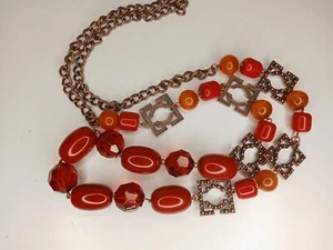 Long Chunky Red Orange Plastic Bear Bronze Tone Chain Necklace 104cm - Picture 1 of 9