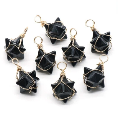 10PCS Natural Obsidian Stone Pendant Gemstone Merkaba Star Chakra Wrapped Stone - Image 1 of 3