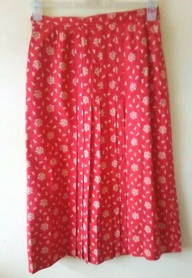Vintage 90s Midi Skirt Soft Red  Ivory Floral  Kick Pleats Silk Landgirl Sz 10 - Image 1 of 4