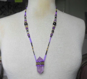 Amethyst Double Terminated Stone Point Beaded Necklace Onyx Hematite Stone Beads - Picture 1 of 7