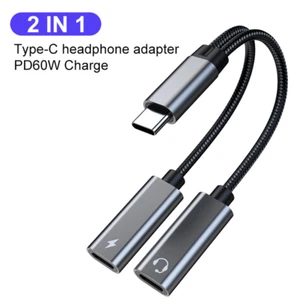 Universal 2 in 1 USBC to Type-C Headphone Audio Adapter 3.5mm Jack PD60W Charge - Picture 1 of 11