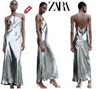 Zara Stunning Molten Silver Evening Dress Spaghetti Strap Lightweight Size L Nwt