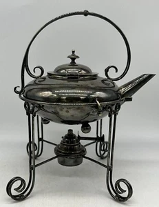 Silver Plated Spirit Kettle on Stand w/ Burner, 3 Piece Set, 1900's - Picture 1 of 10